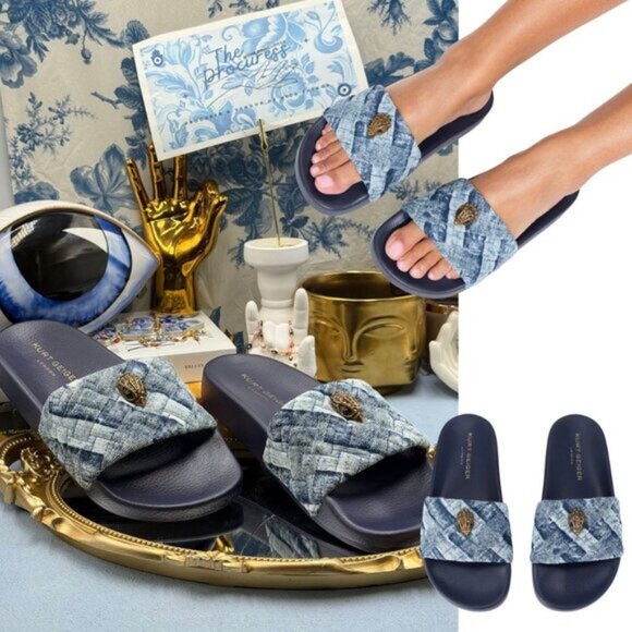 🆕 KURT GEIGER LONDON 🧿 NWOB Blue Denim Meena Eagle Slides, Sz EU 37 US 7 - Picture 1 of 13